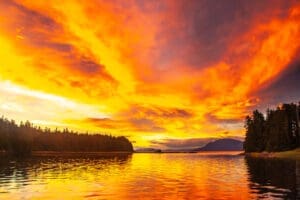 USA, Alaska, Tongass National Forest. Sunset on Admiralty Island and inlet.